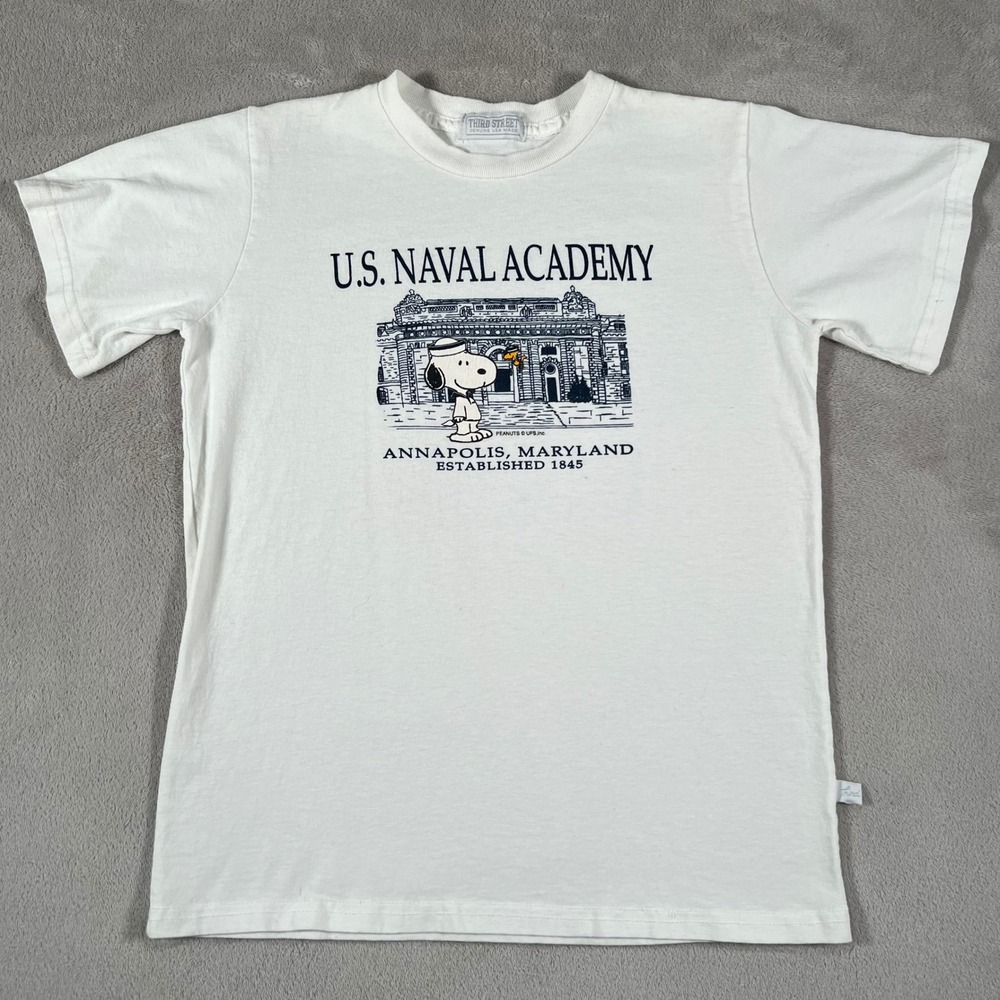 Third Street US Naval Academy Snoopy Peanuts T-Shirt Womens Small White USA Made